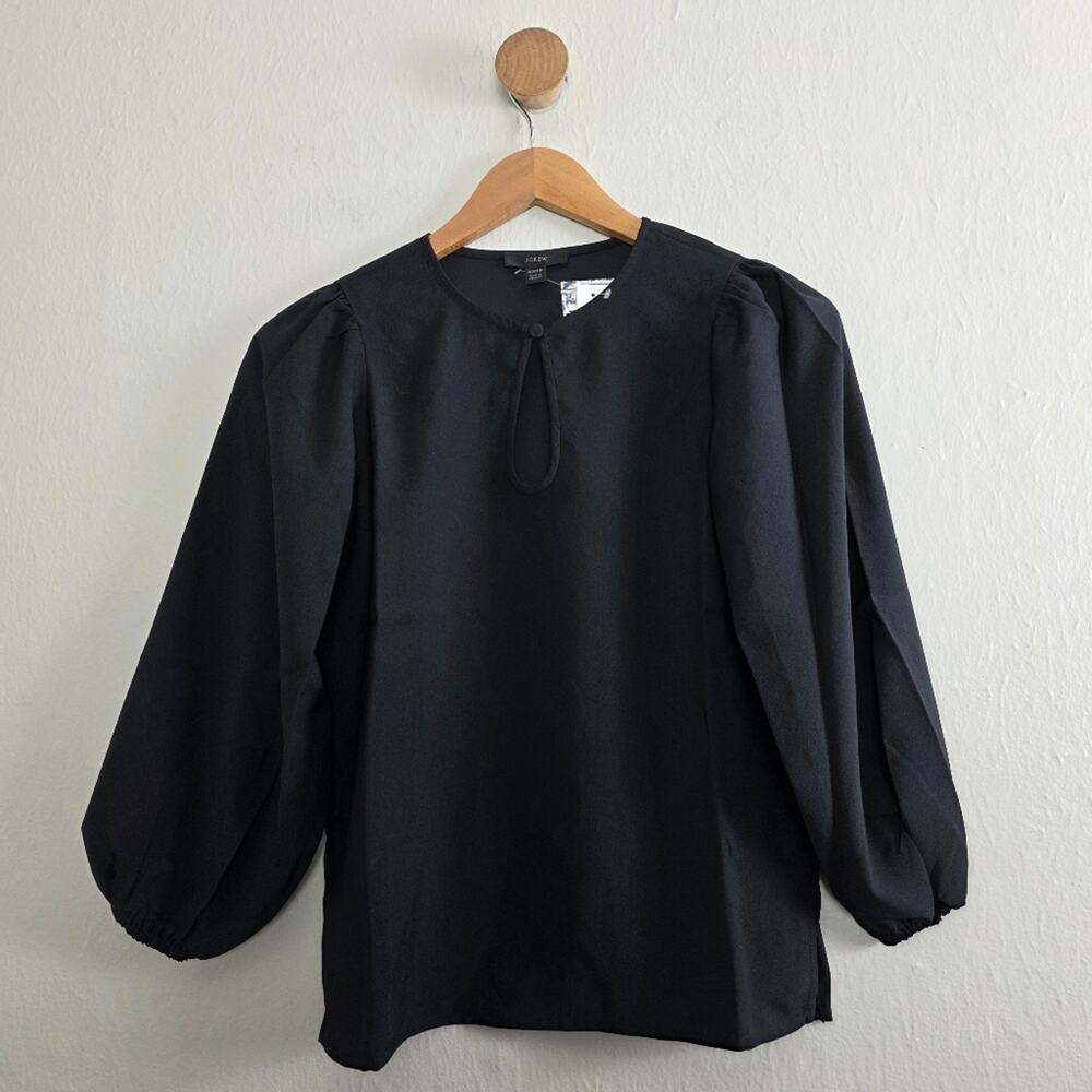 J. Crew Black Puff Sleeve Satin Back Crepe Blouse Top Size XXS Petite XXSP NWT